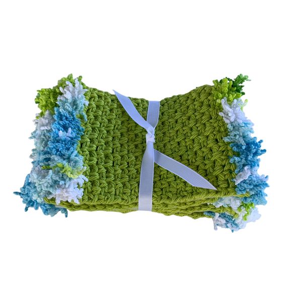 Mug Rugs Handmade Crochet Green Blue White Cotton Fringe Set of 4 Coasters - Picture 3 of 10